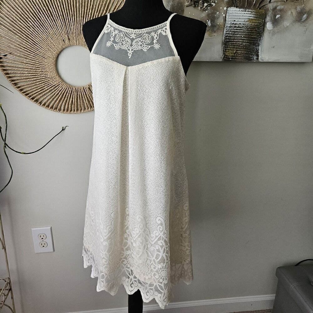 I N San Francisco Ivory Lace Overlay Dress Spaghetti Strap Lined Size M